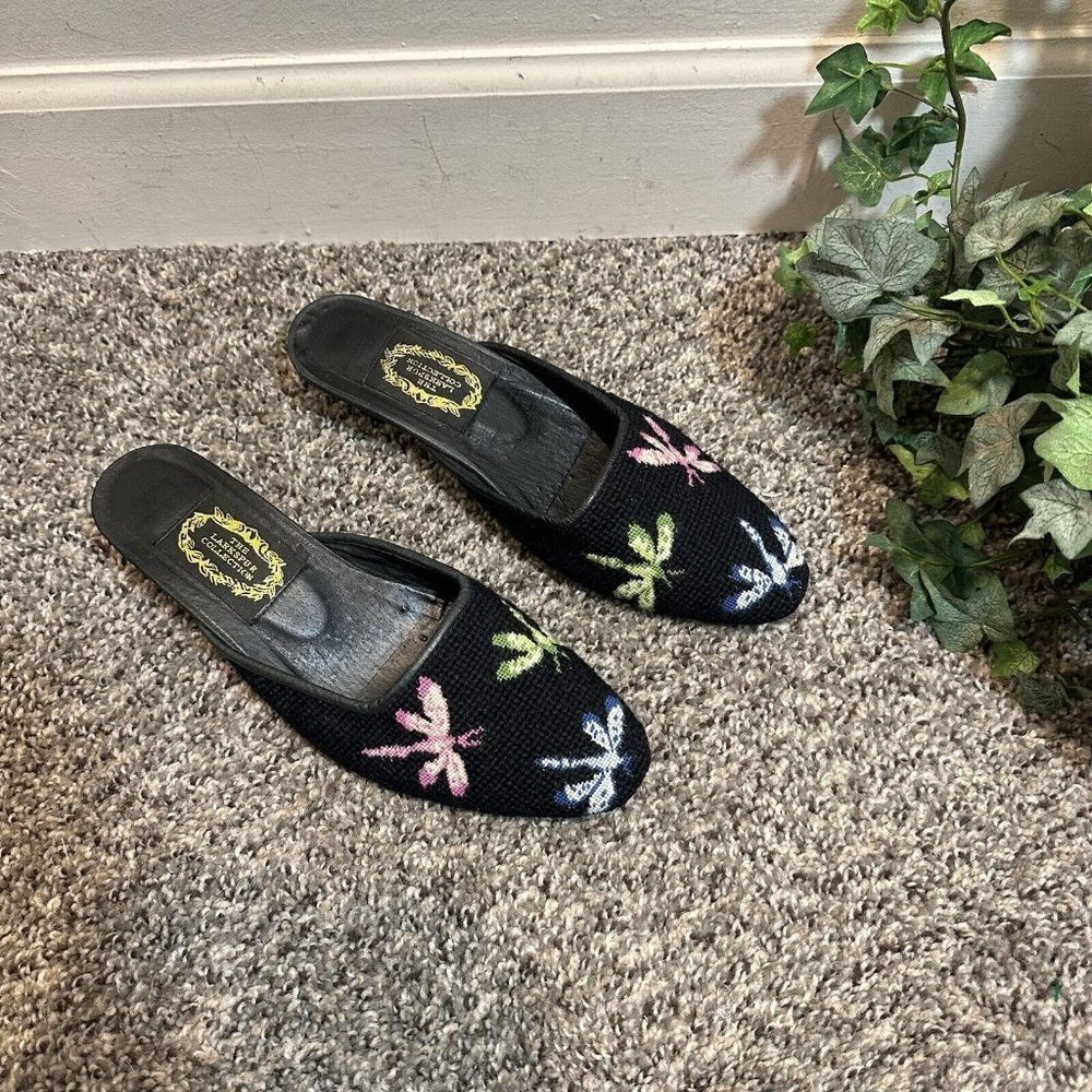 The Larkspur Collection Mule Kitten Heel Black Needlepoint Dragonflies VTG 6.5-7